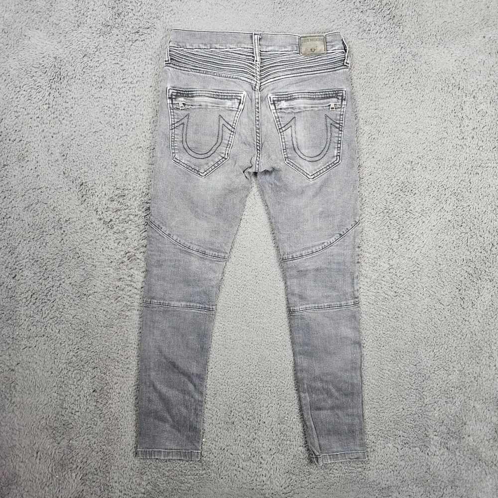 True Religion Rocco Relaxed Skinny Moto Biker Jeans Gray Acid Wash Size 28